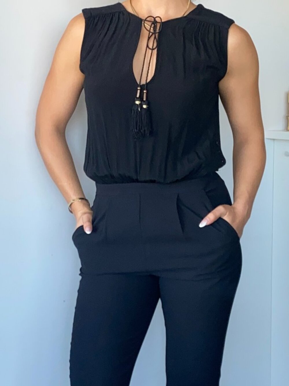 Mango Suit Black Tassel Tie Sleeveless Jumpsuit Size XS